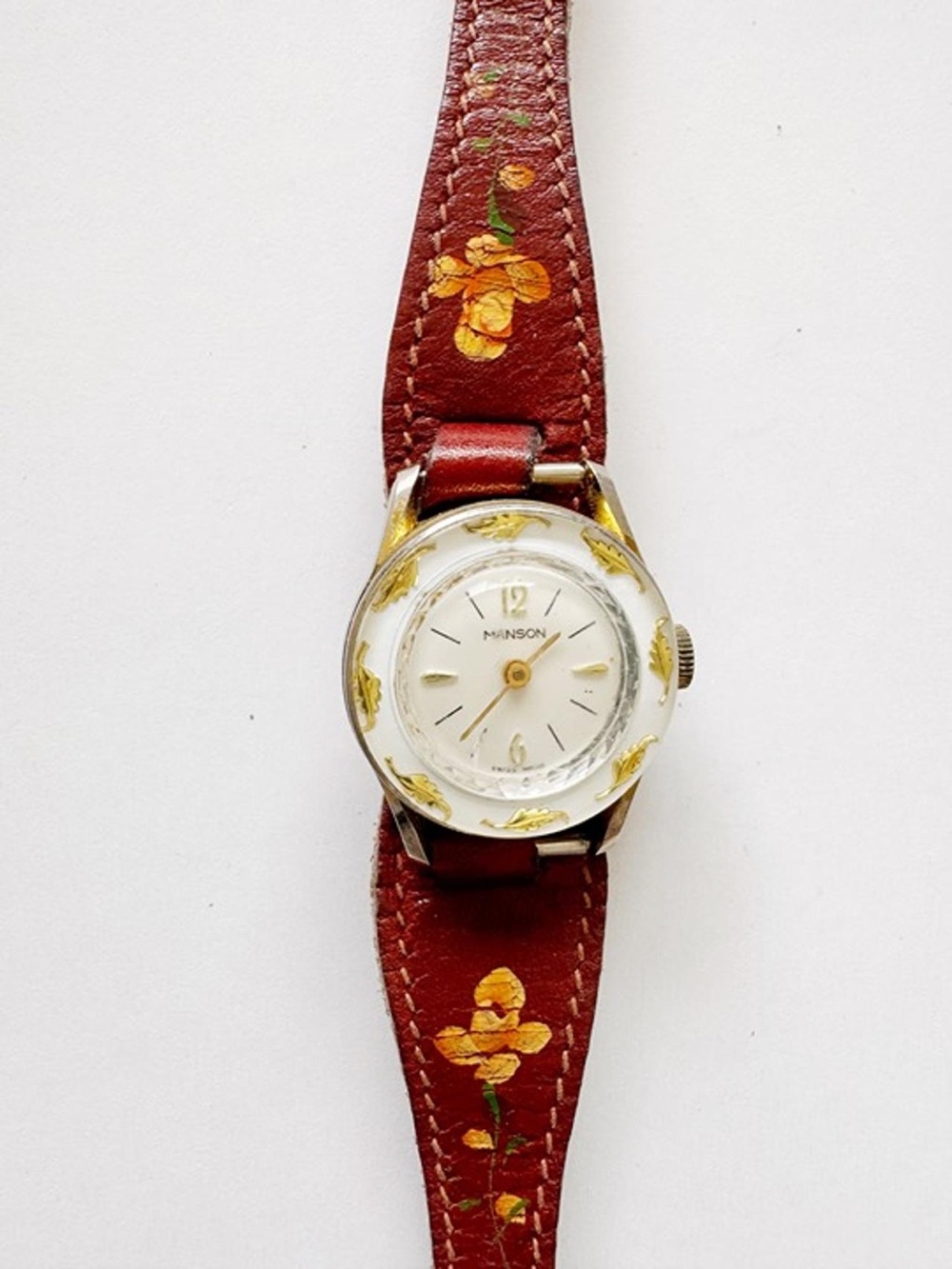 Vintage Manson Swiss Mechanical Ladies Watch 25mm Floral Leather Band Runs